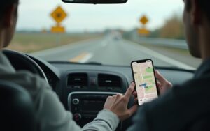 Conducteur utilisant une application de sécurité routière sur smartphone avec radars visibles.