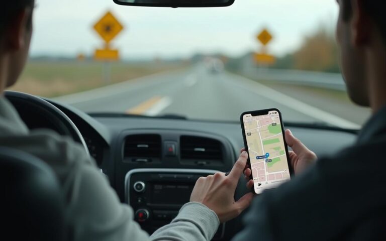Conducteur utilisant une application de sécurité routière sur smartphone avec radars visibles.