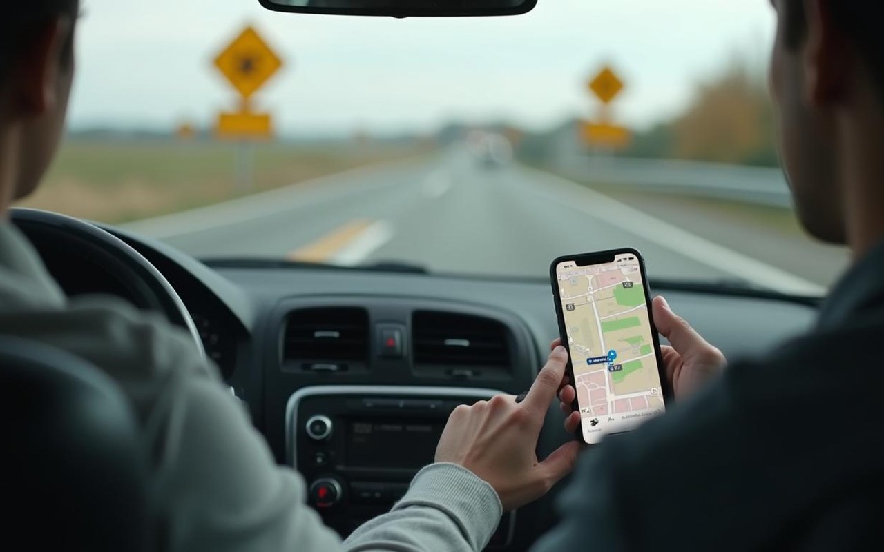 Conducteur utilisant une application de sécurité routière sur smartphone avec radars visibles.