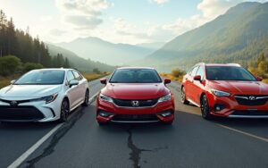 Collage de voitures durables comme Toyota Corolla et Honda Civic sur une route pittoresque.