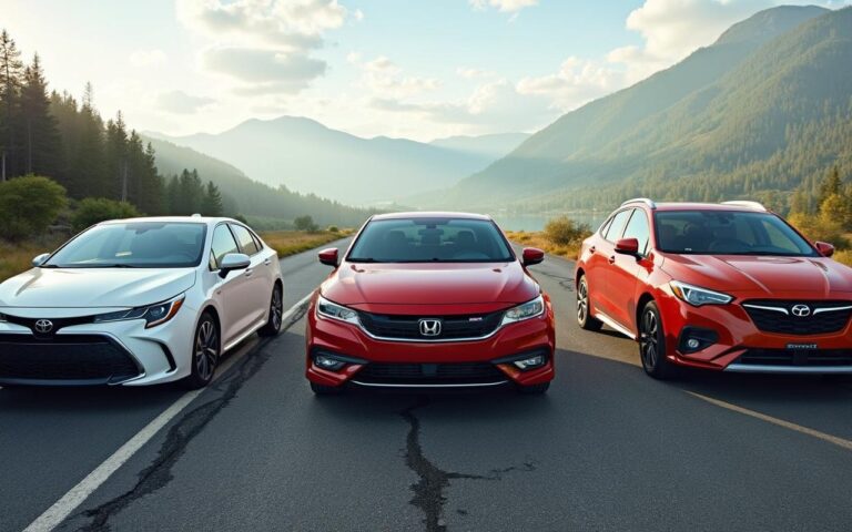 Collage de voitures durables comme Toyota Corolla et Honda Civic sur une route pittoresque.