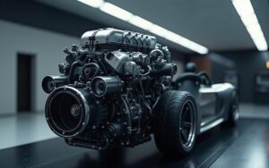 Moteur essence moderne exposé dans un environnement automobile technologique.