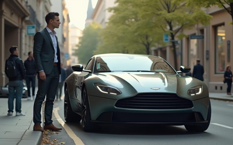 Squeezie avec son Aston Martin Vantage dans un cadre urbain élégant.