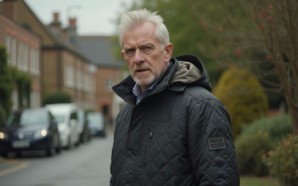Personne en veste Barbour matelassée dans un cadre urbain et naturel.