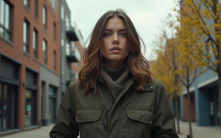 Personne en veste Barbour dans un environnement urbain moderne.