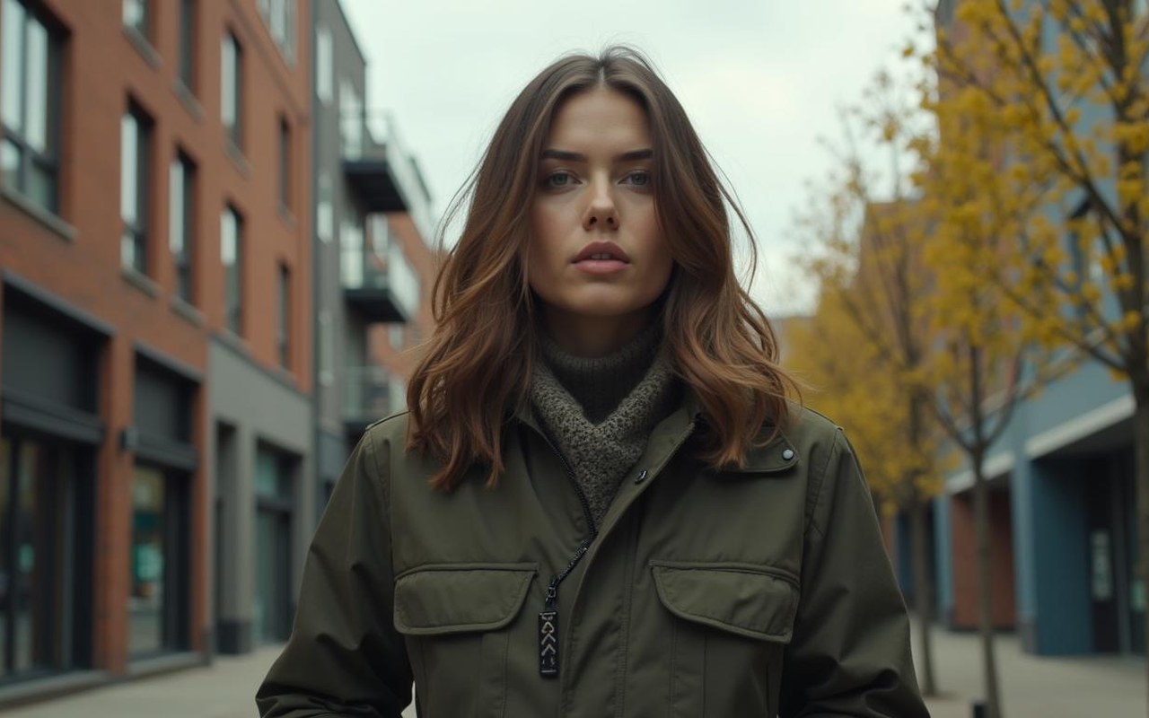 Personne en veste Barbour dans un environnement urbain moderne.