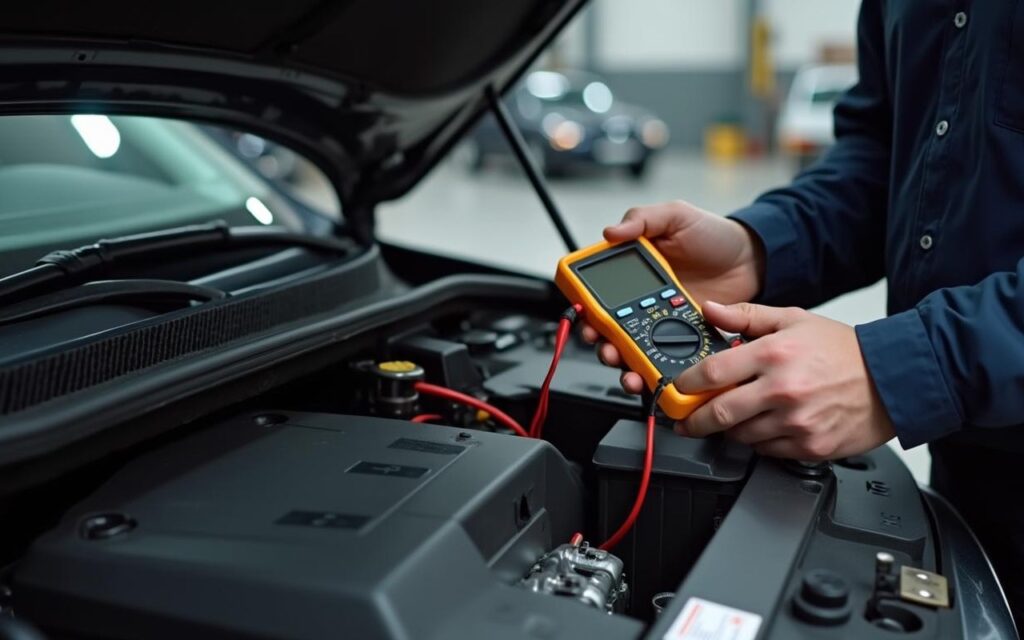 Mécanicien vérifiant une batterie de voiture avec un multimètre dans un garage