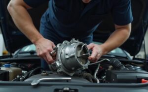 Mécanicien inspectant une boîte automatique sous le capot d'une voiture.