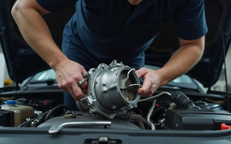 Mécanicien inspectant une boîte automatique sous le capot d'une voiture.