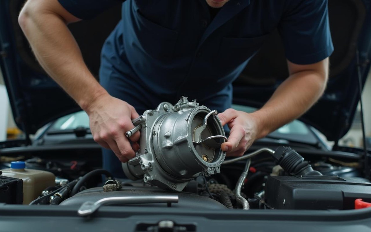 Mécanicien inspectant une boîte automatique sous le capot d'une voiture.