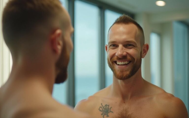 Homme avec buzz cut se regardant dans un miroir, symbole de confiance et d'acceptation de soi.