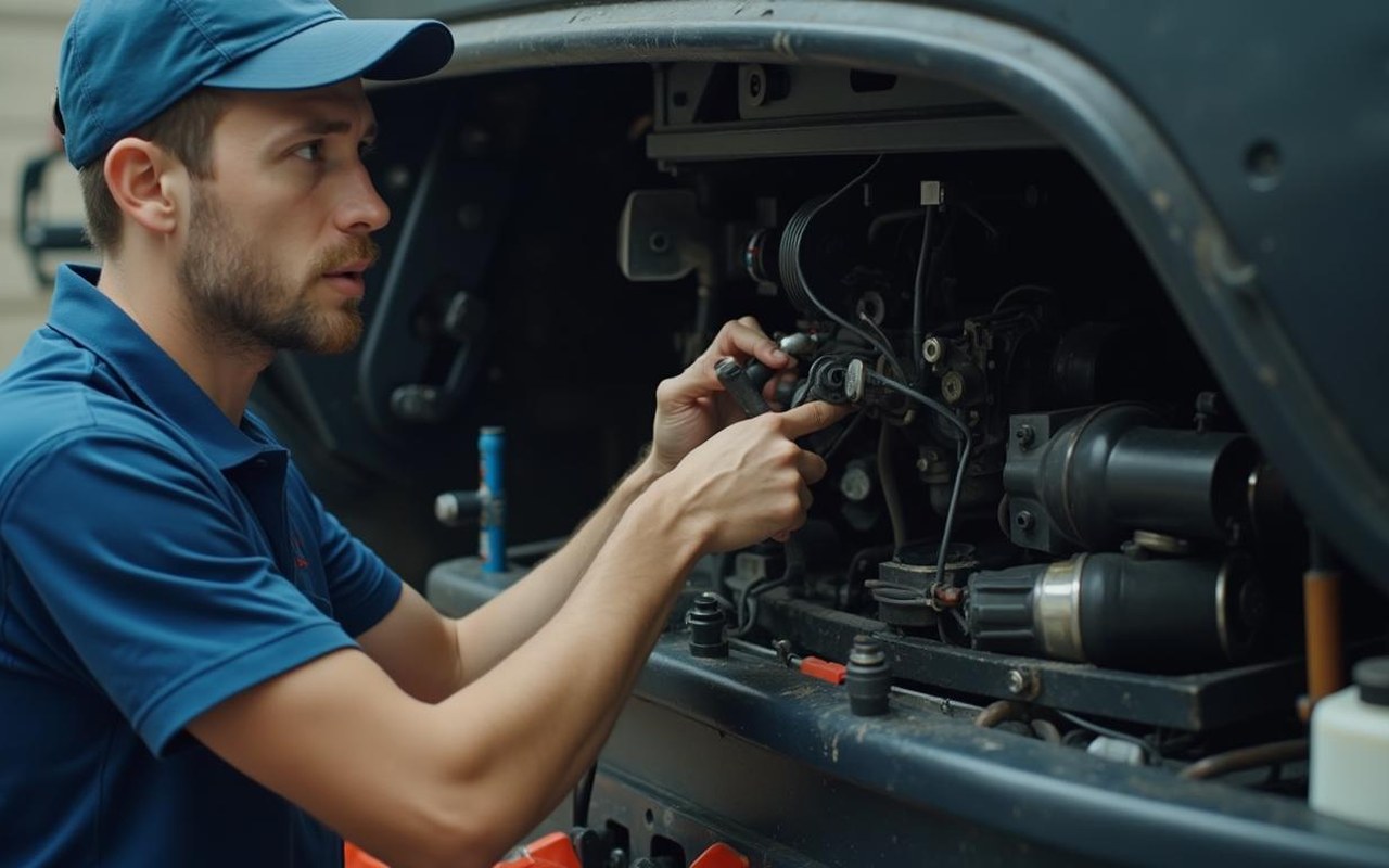 Mécanicien inspectant le système de climatisation d'une voiture pour un diagnostic.
