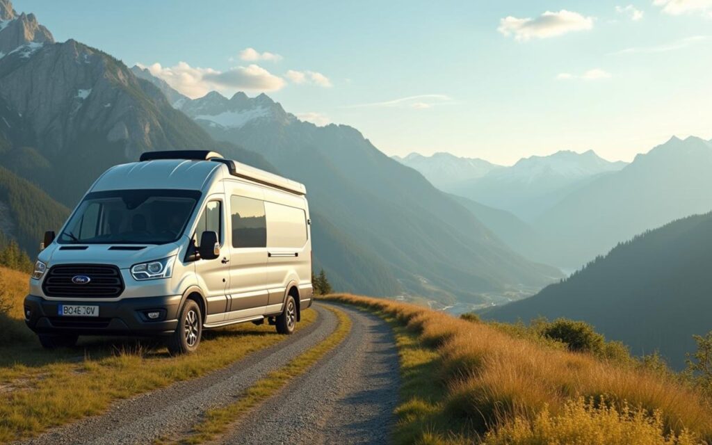 Camping-car moderne dans un paysage européen, symbole d'achat à l'étranger.
