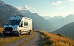 Camping-car moderne dans un paysage européen, symbole d'achat à l'étranger.