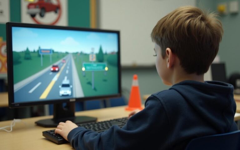 Un élève apprend la sécurité routière avec un simulateur de conduite en classe.