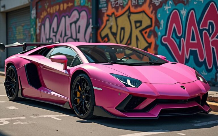Lamborghini rose dans un cadre urbain chic, symbole d'individualité et d'audace.