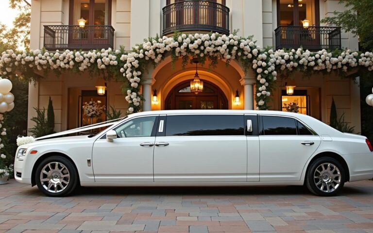 Limousine de mariage élégante devant un lieu de réception décoré.