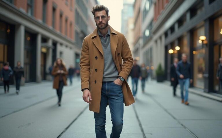Homme en manteau camel dans un cadre urbain, look casual-chic.