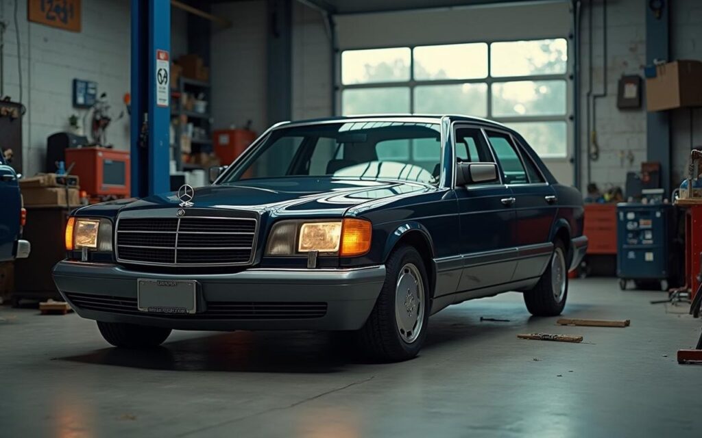 Mercedes Classe B W245 dans un garage, illustrant les problèmes mécaniques à éviter.