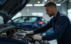Inspection d'un moteur de Peugeot 308 dans un garage moderne, soulignant l'importance de l'entretien préventif.