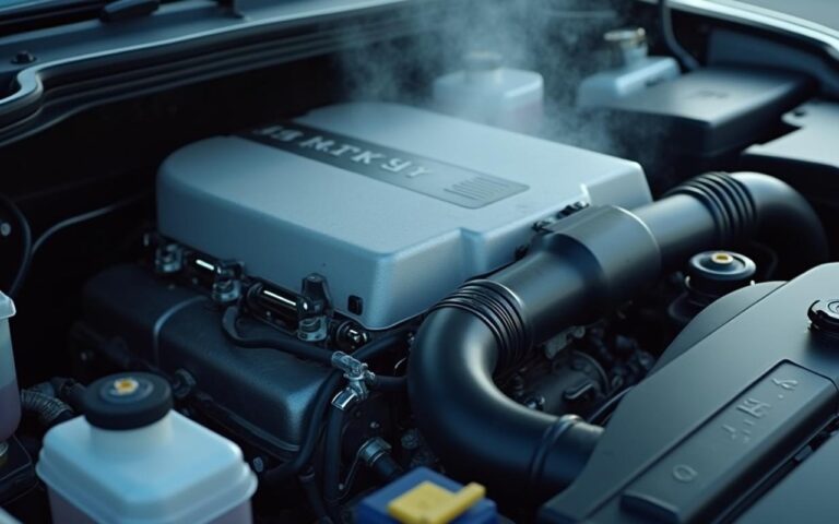Moteur de voiture montrant le circuit de refroidissement avec vapeur, illustrant la baisse de liquide de refroidissement.