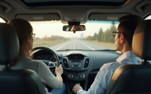 Élève conducteur apprenant à conduire une voiture manuelle avec un moniteur.