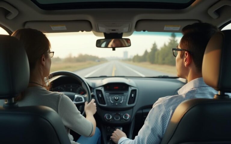 Élève conducteur apprenant à conduire une voiture manuelle avec un moniteur.