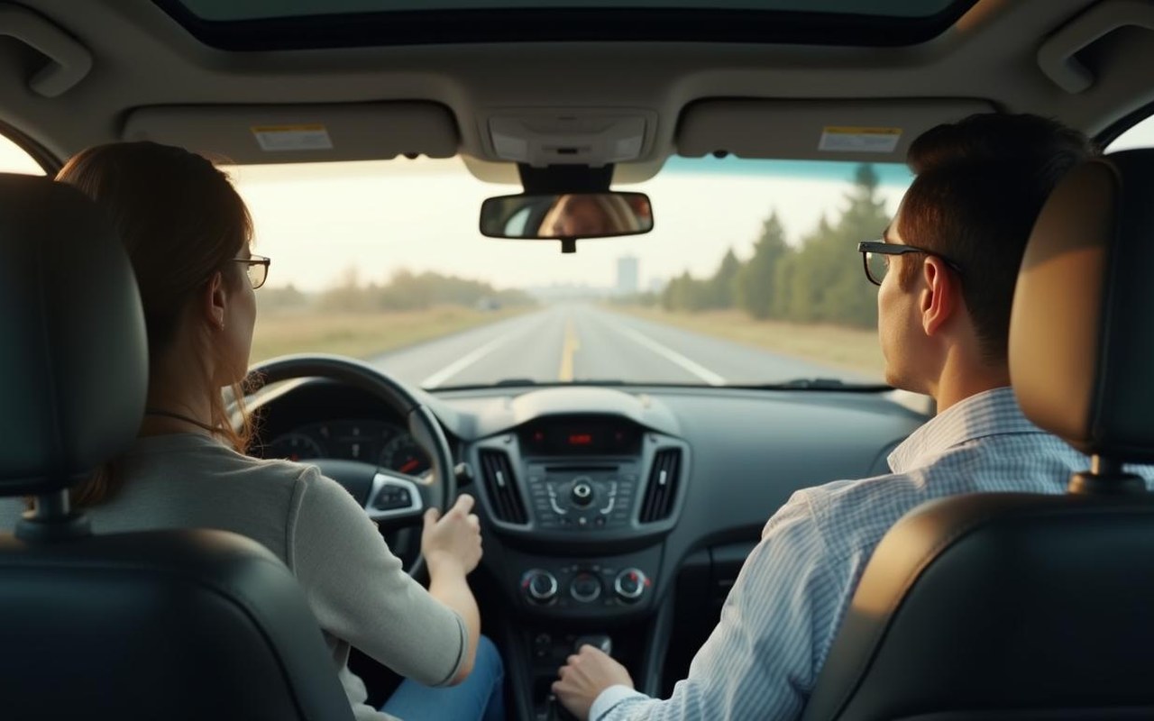 Élève conducteur apprenant à conduire une voiture manuelle avec un moniteur.