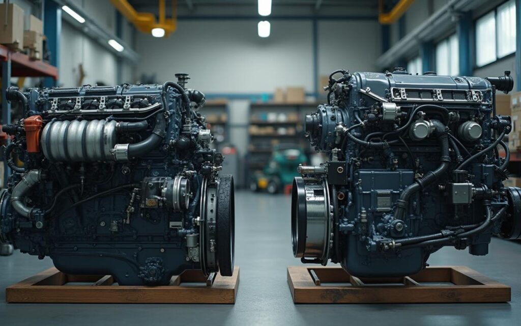 Comparaison entre un moteur diesel et un moteur essence, mettant en avant les différences de poids et de conception.