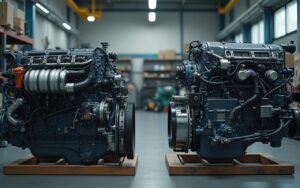 Comparaison entre un moteur diesel et un moteur essence, mettant en avant les différences de poids et de conception.