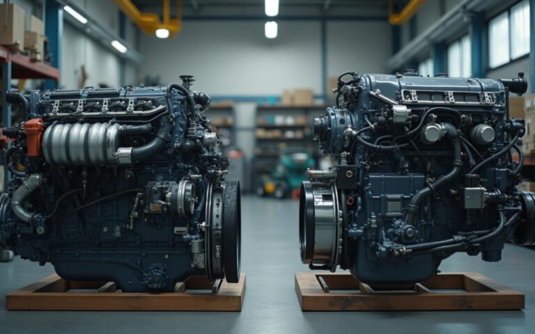 Comparaison entre un moteur diesel et un moteur essence, mettant en avant les différences de poids et de conception.