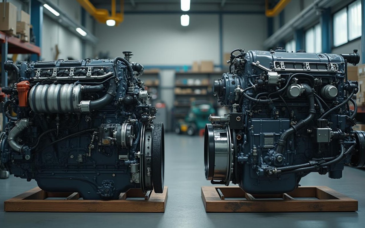Comparaison entre un moteur diesel et un moteur essence, mettant en avant les différences de poids et de conception.