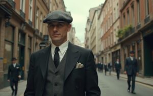 Homme en costume trois-pièces et casquette plate, inspiré du style Peaky Blinders dans une rue vintage.
