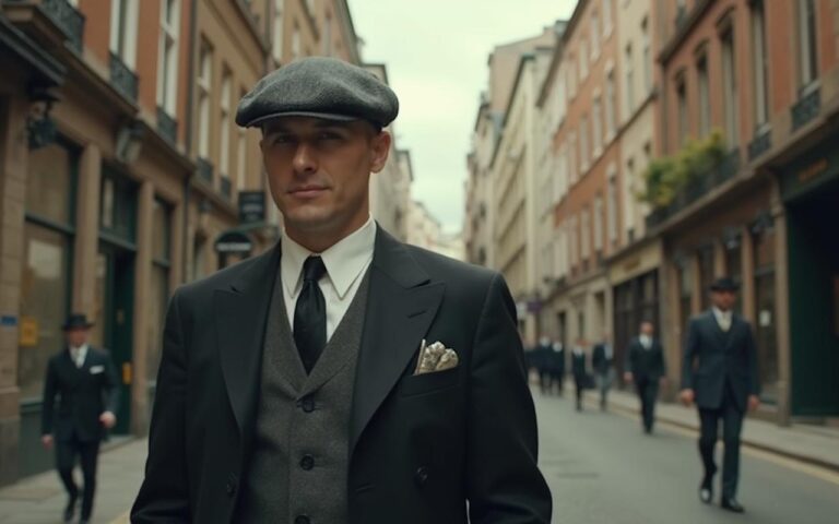 Homme en costume trois-pièces et casquette plate, inspiré du style Peaky Blinders dans une rue vintage.