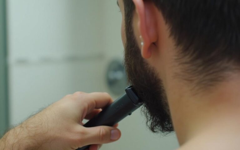 Homme taillant sa barbe mi-longue avec des outils appropriés dans une salle de bain.