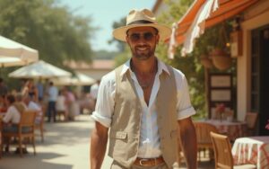 Homme en tenue guinguette élégante lors d'une fête en plein air.