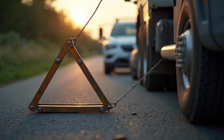 Triangle de remorquage homologué entre un véhicule tracteur et un véhicule remorqué sur une route.
