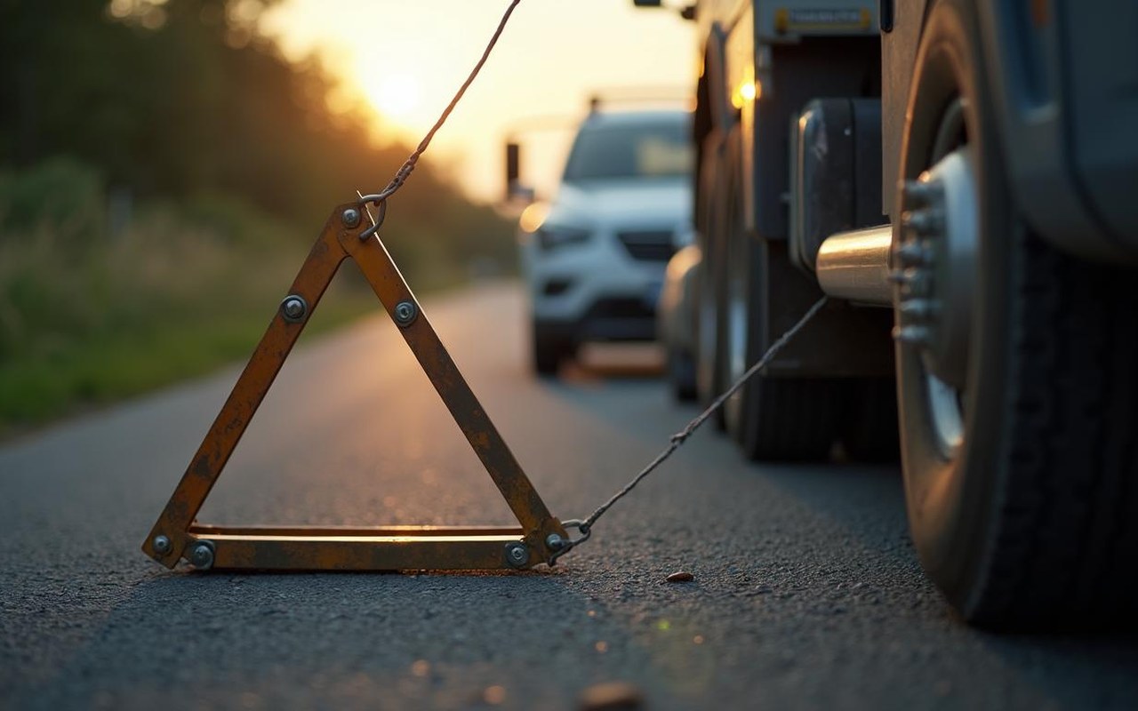 Triangle de remorquage homologué entre un véhicule tracteur et un véhicule remorqué sur une route.