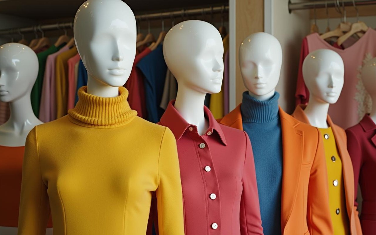 Mannequins présentant des tenues avec des associations de couleurs harmonieuses.