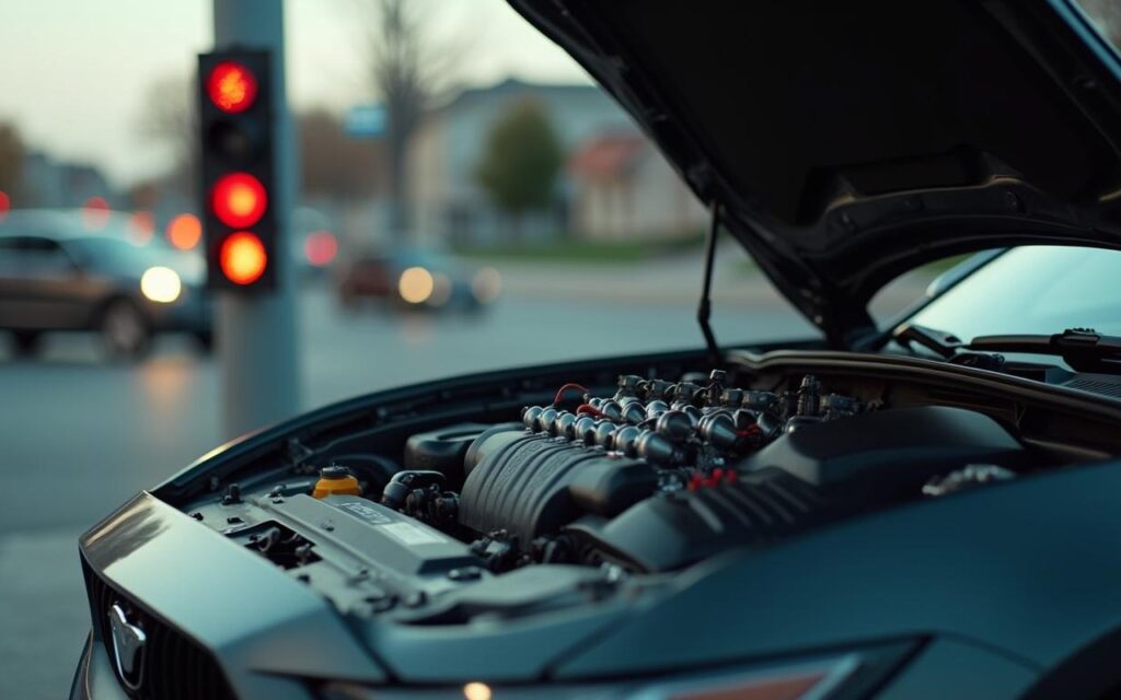 Voiture garée avec moteur visible, illustrant les causes de tremblements à l'arrêt.