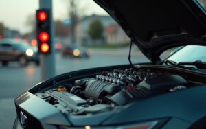 Voiture garée avec moteur visible, illustrant les causes de tremblements à l'arrêt.