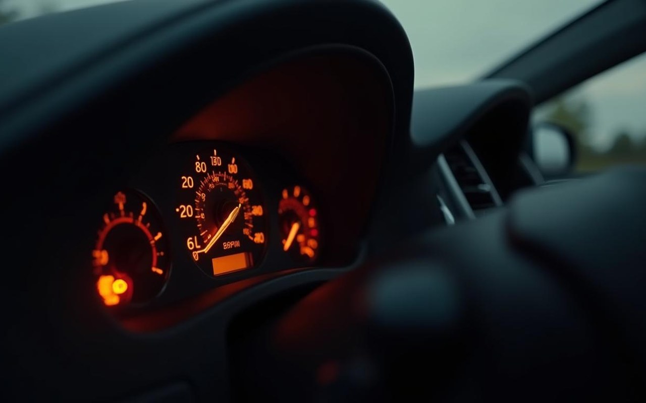 Tableau de bord de voiture avec voyant moteur orange allumé, signalant une anomalie.