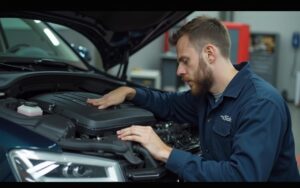 Mécanicien inspectant le système Haldex d'une Audi avec des outils autour.