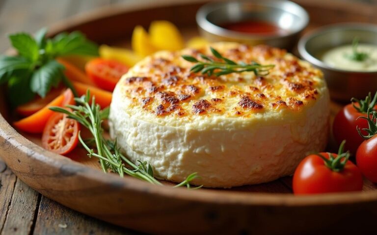 Camembert rôti au four avec crudités et sauces légères sur un plateau en bois.