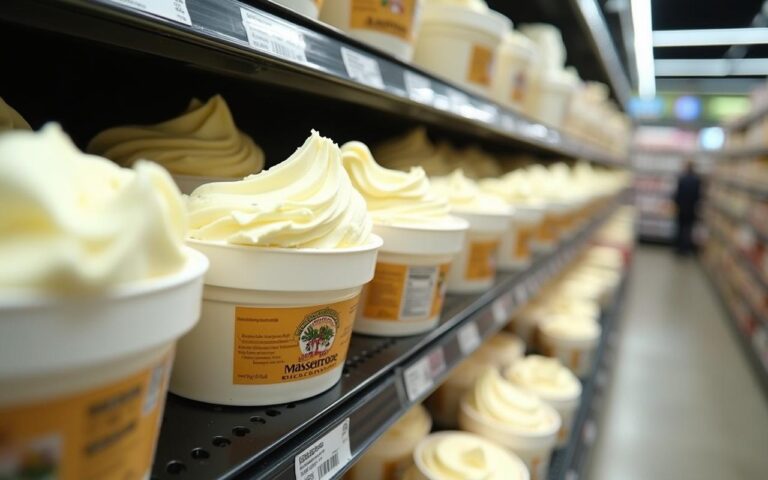 Rayon de fromages frais avec des pots de mascarpone chez Leclerc.