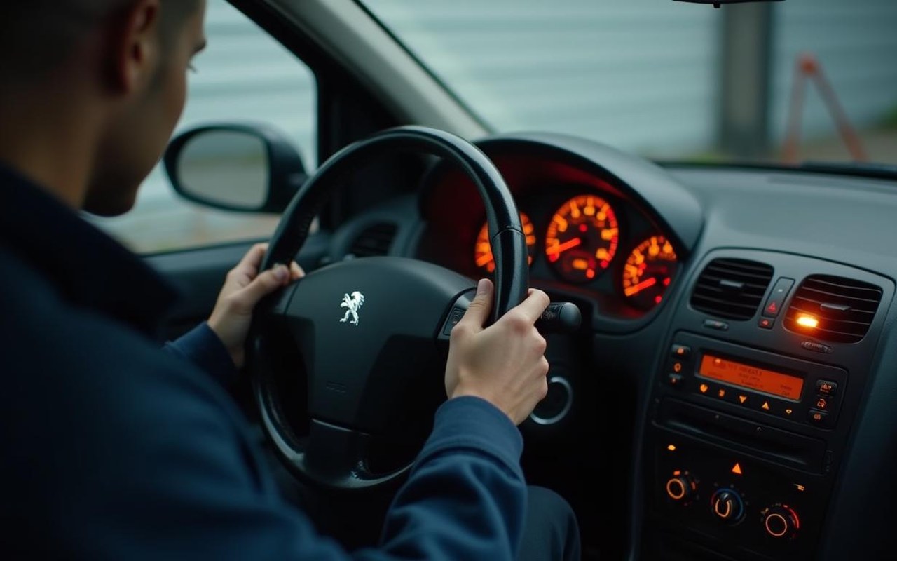 Propriétaire de Peugeot 206 inspectant le tableau de bord avec voyant antivol allumé.