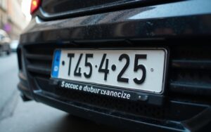 Plaque d'immatriculation moderne française sur un véhicule, mettant en avant les éléments de sécurité.