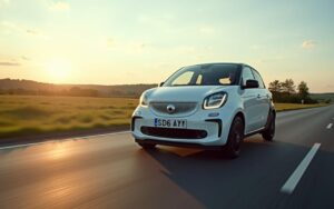 Voiture compacte moderne sur une route de campagne, représentant 90 chevaux.