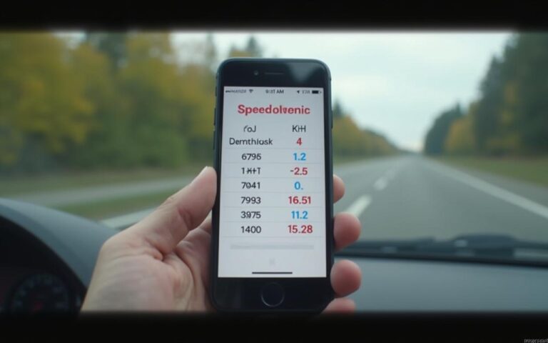 Tableau de conversion MPH en KMH sur un smartphone avec une route en arrière-plan.