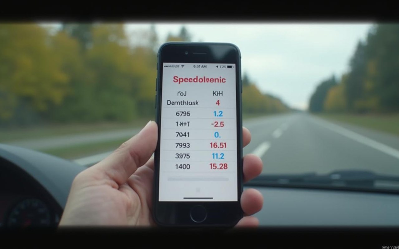 Tableau de conversion MPH en KMH sur un smartphone avec une route en arrière-plan.